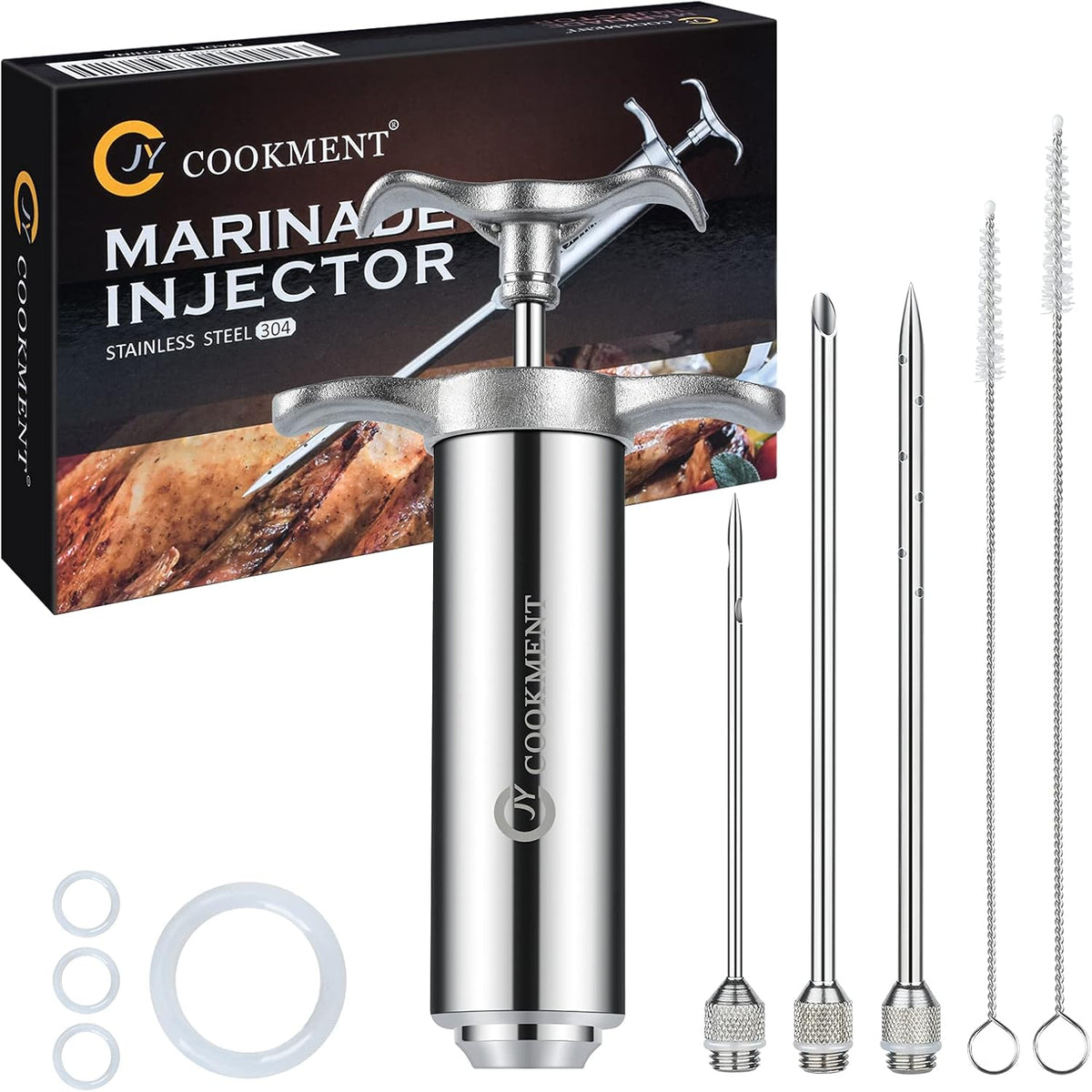 JY COOKMENT Meat Injector Syringe - Flavor Injector with 3 Stainless Steel Professional Needles;2pcs Cleaning Brush for BBQ Grill Smoker 2-oz Large Capacity Barrel