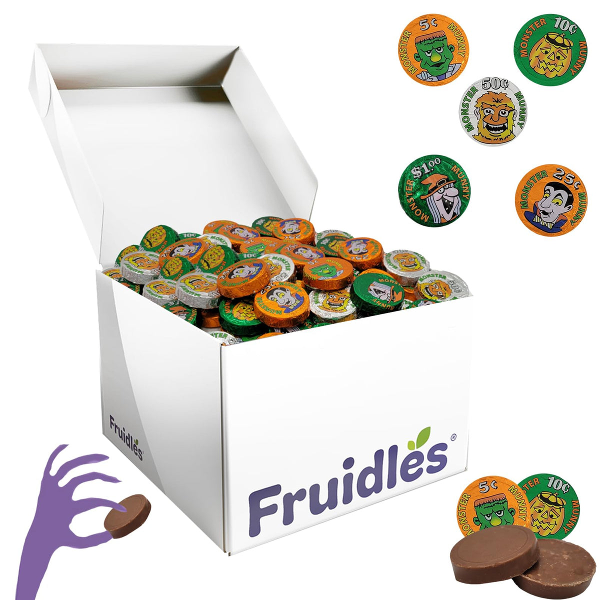 Fruidles Halloween Monster Money Coins Munny, Trick-Or-Treat Party Bag Fillers, Individually Wrapped in Orange, Green, Silver Coin Design Foils