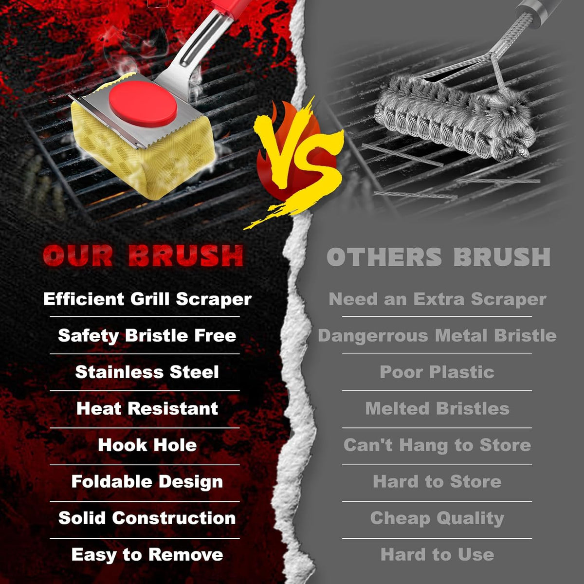 Grill Brush Bristle Free, BBQ Grill Brush for Outdoor Grill, Safe Steam Grill Cleaning Brush with Scraper, Replacement Sponge Heads, Non Metal Bristles for Cast Iron, Stainless-Steel Grates