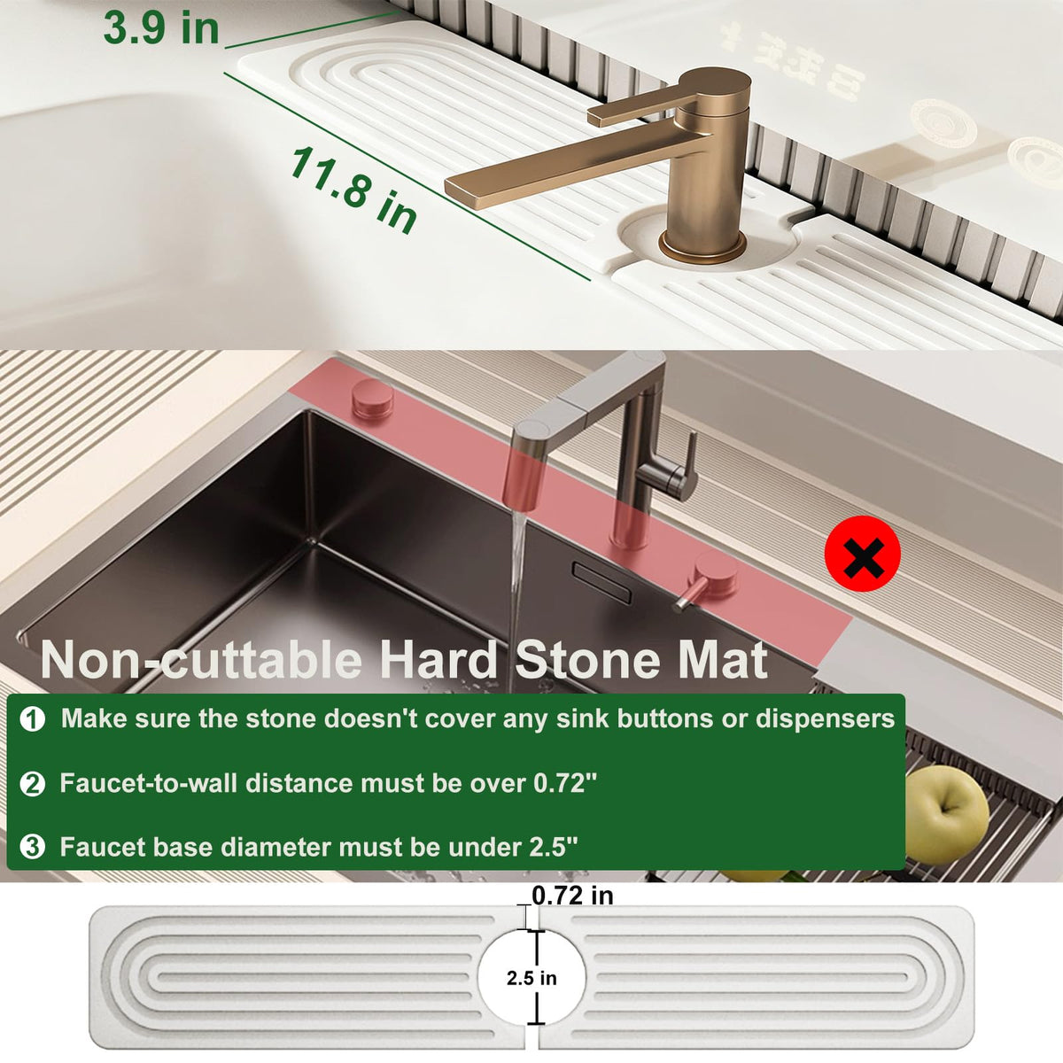 Stone Faucet Mat for Kitchen Sink, Diatomite Drying Stone Mat & Sink Protectors, Sink Water Splash Guard, Quick Dry Water Absorbing Non-Slip Stone Tray Prevent Moisture for Kitchen Bathroom Counter