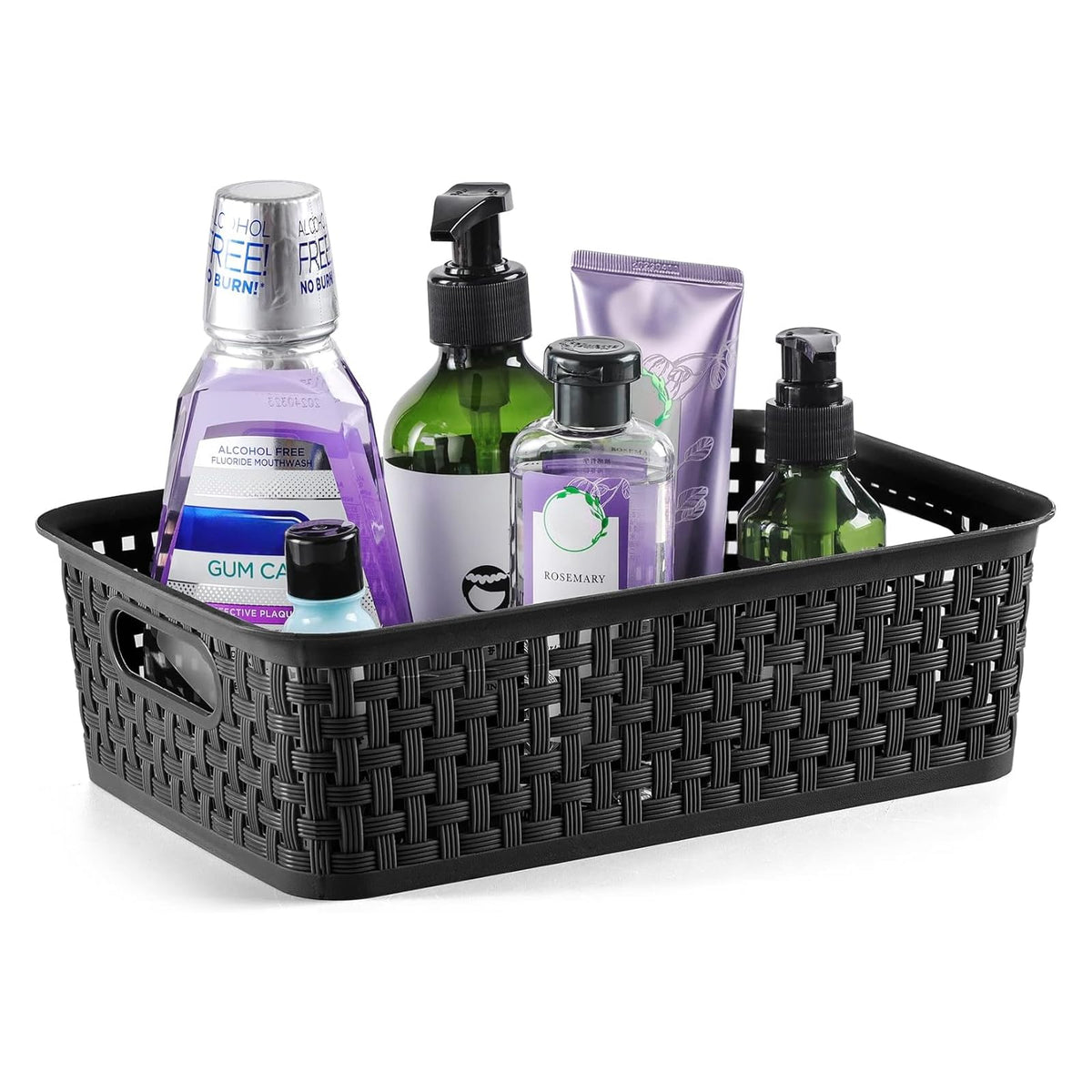[ 12 Pack ] Plastic Storage Baskets, Small Pantry Organization and Storage Bins, Household Organizers for Laundry Room, Bathrooms, Kitchens, Cabinets, Countertop, Under Sink or Shelves, Black