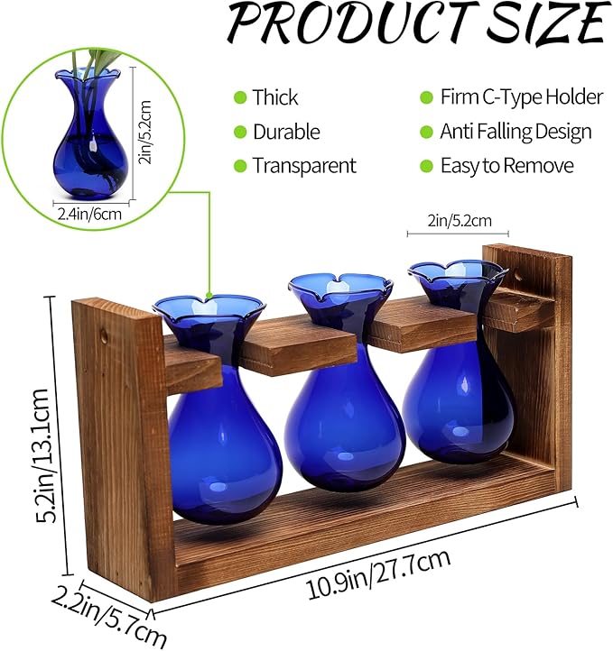 Plant Propagation Station Plant Terrarium Unique Birthday Gifts for Women Plant Lovers Home Office Decor Planter with Wooden Stand - 3 Bulb Glass Vase