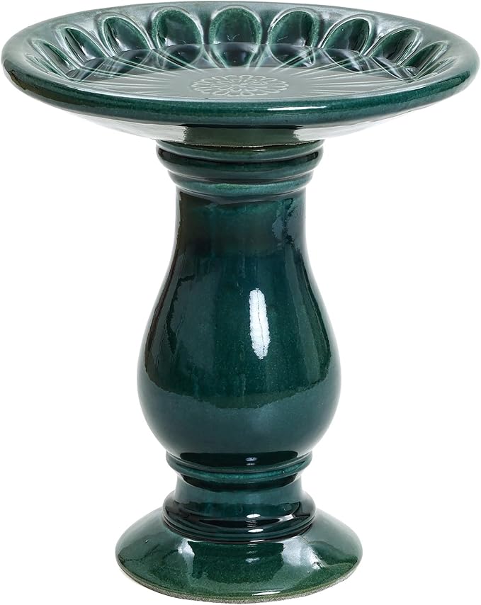LuxenHome 22 Inch Ceramic Bird Bath for Outside, Elegant Tall Outdoor Bird Bath, Lightweight Pedestal Glazed Birdbaths for Outdoors with Floral Pattern, Dark Green