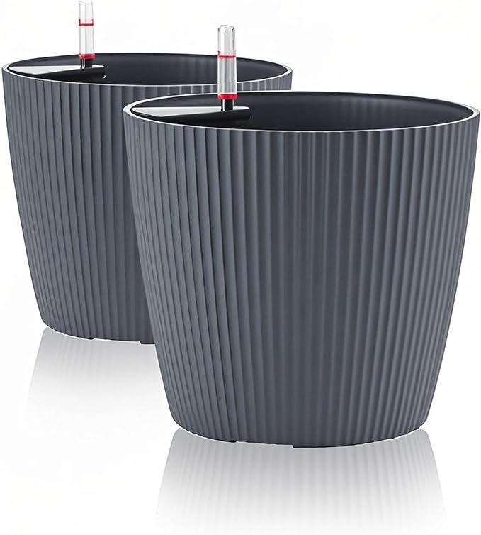 Dexceder 13x12 Self Watering Planters Indoor, Inner Mat Design, Floor Standing Flower Plant Pot with Water Level Indicator (2 Pack, Gray)