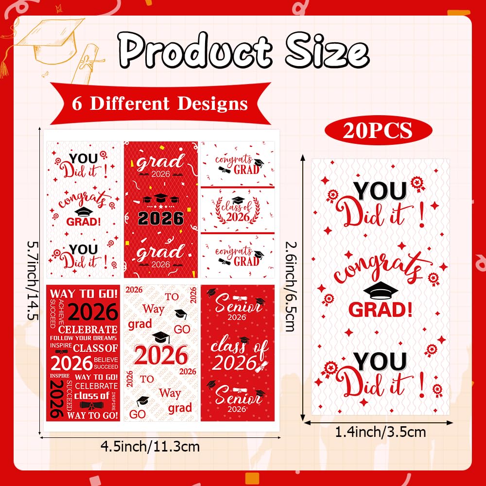 Graduation Party Decoration 2026 Graduation Label Stickers, 120 PCS Congrats Grad Mini Red White Candy Wrappers Class of 2026 Chocolate Bar Sticker