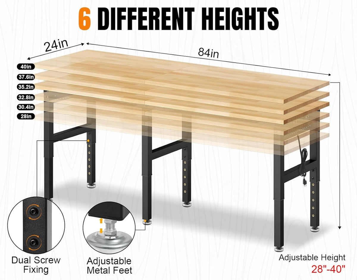 84” Adjustable Height Workbench, 5000 LBS Heavy Duty Table Rubber Wood Workstation with Power Outlet & Pegboard for Office, Garage,Workshop,Commercial,Home