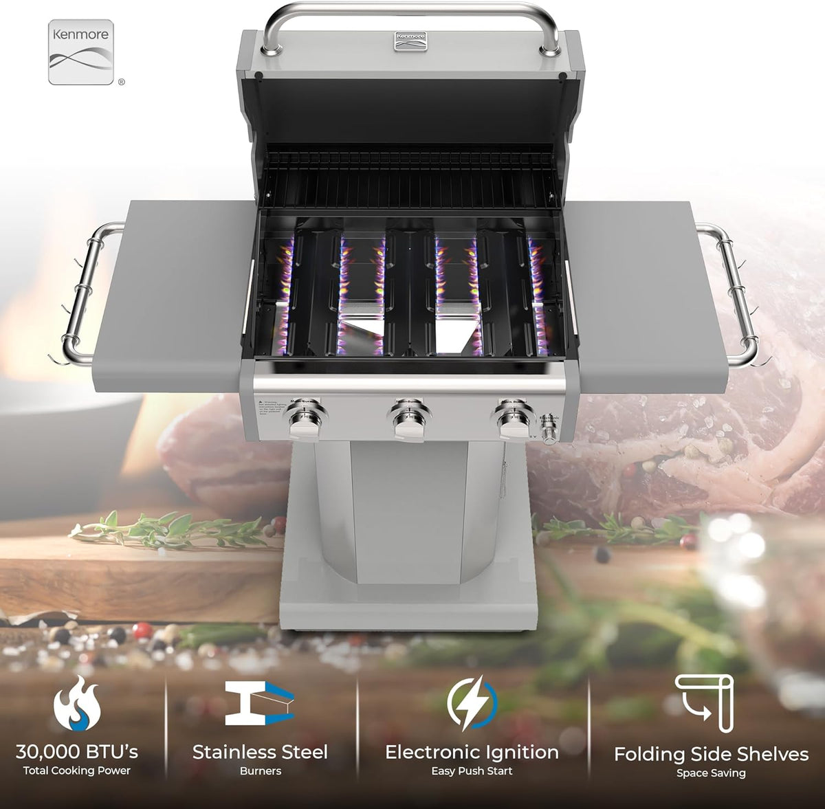 Kenmore 3-Burner Propane BBQ Grill, 30,000 BTUs Gas Grill with Cast Iron Cooking Grates, Folding Side Tables & Wheels, Outdoor Grill with Tool Hooks, Pearl White + Bonus Cover
