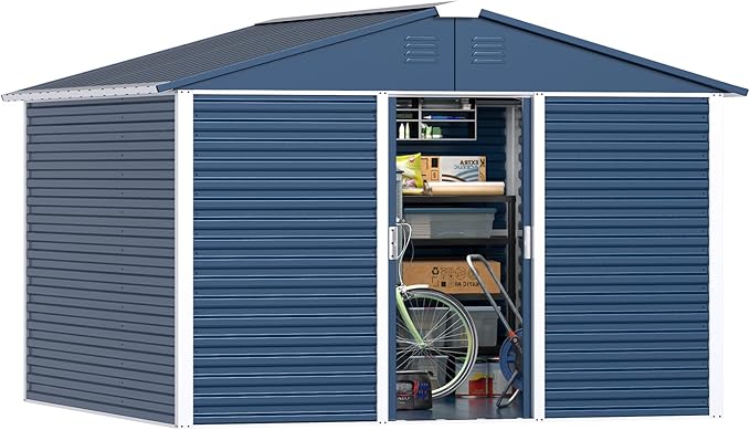 Metal Outdoor Storage Shed 10FT x 10FT, Steel Utility Tool Shed Storage House with Sliding Door, Metal Sheds Outdoor Storage for Backyard Garden Patio Lawn, Blue