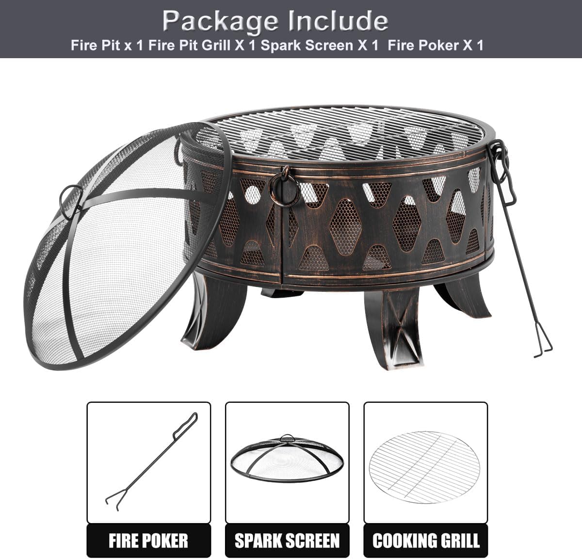 Breezz 26 Inch Wood Burning Fire Pit with Cooking Grill and Spark Screen, Outdoor Metal Round Firepit for Patio, Backyard, Bonfire Party, Camping and Garden