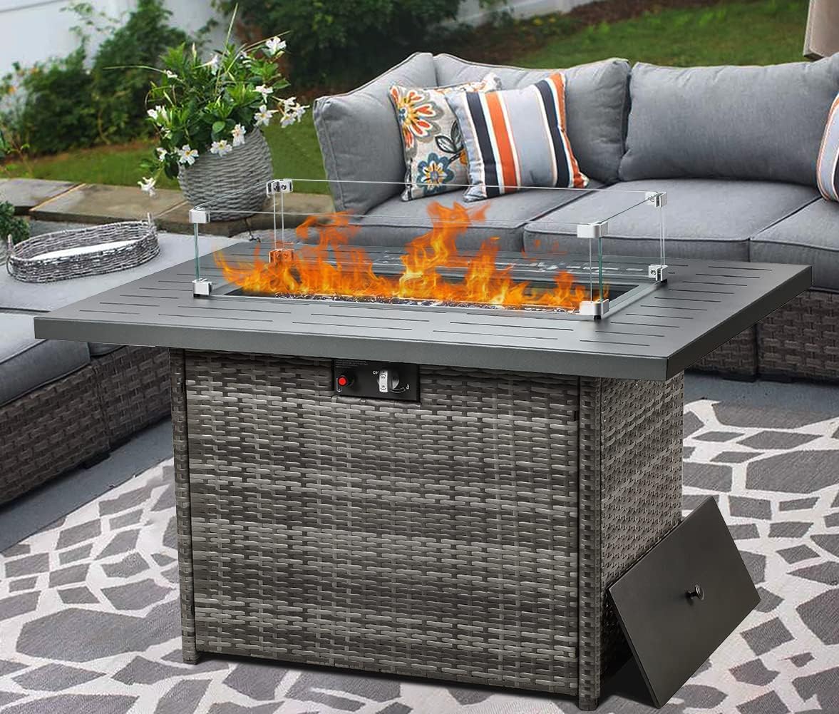 LayinSun 44" Propane Gas Fire Pit Table, 55000 BTU Rectangular Fire Pit with Glass Wind Guard for Outside Patio Deck Garden Backyard Gray-Aluminum Top