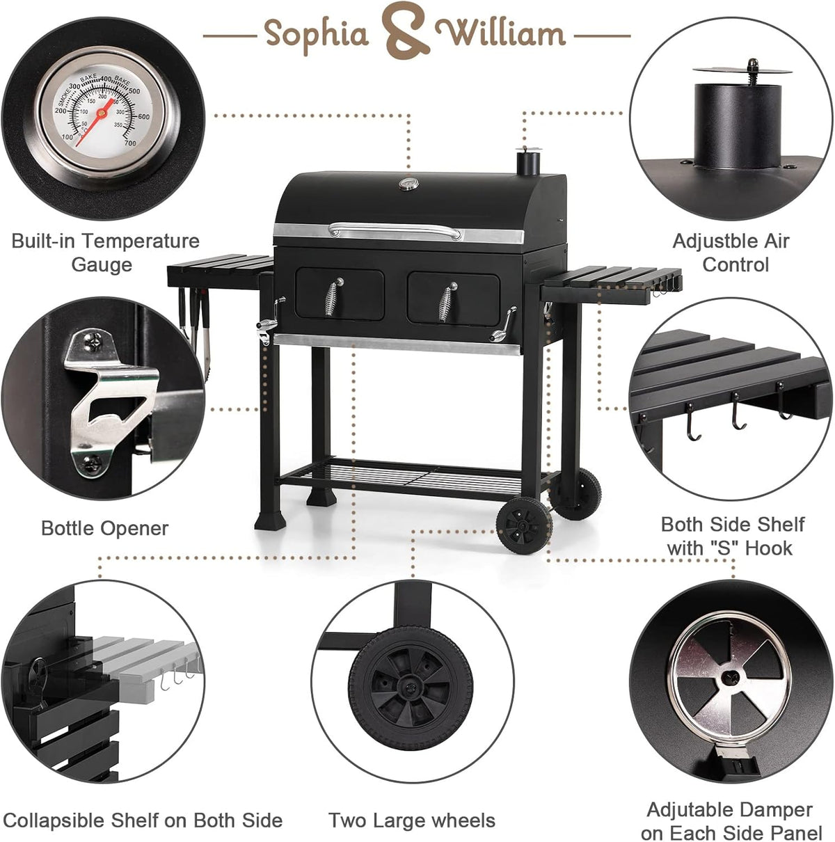 Sophia & William Extra Large Charcoal BBQ Grills with 794 SQ.IN. Cooking Area, Heavy Duty Outdoor Barbecue Grill with 2 Individual Lifting Charcoal Tray and 2 Foldable Side Table, Black