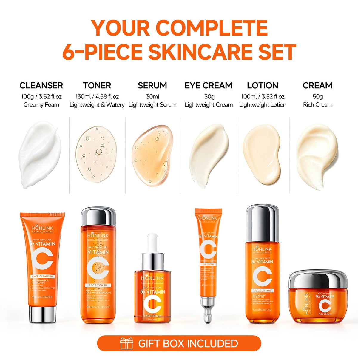 Vitamin C Niacinamide Skincare Set, Daily Facial Care Routine with 6-Piece