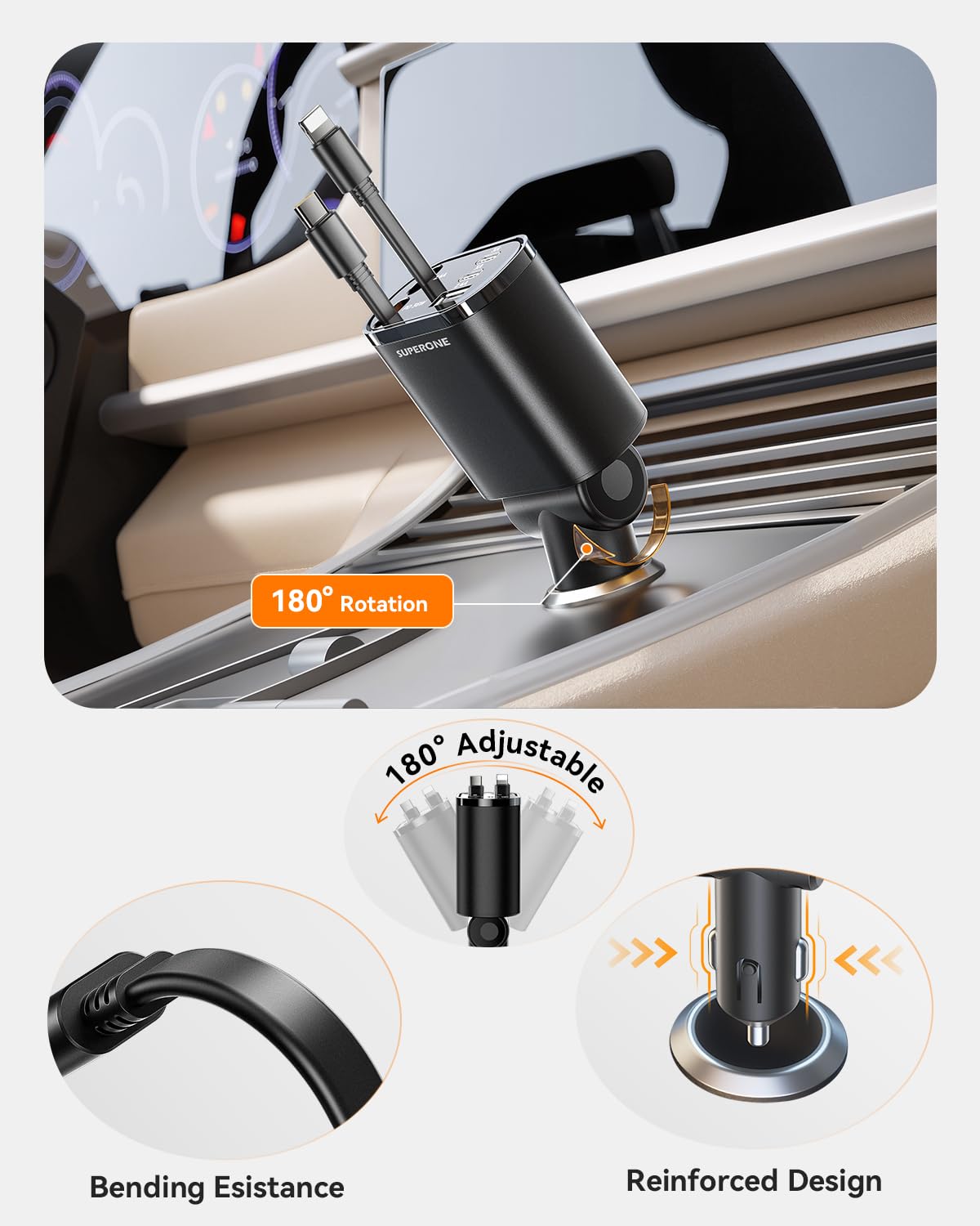 SUPERONE 90W Retractable Car Charger with Dual Cables Car Phone Charger