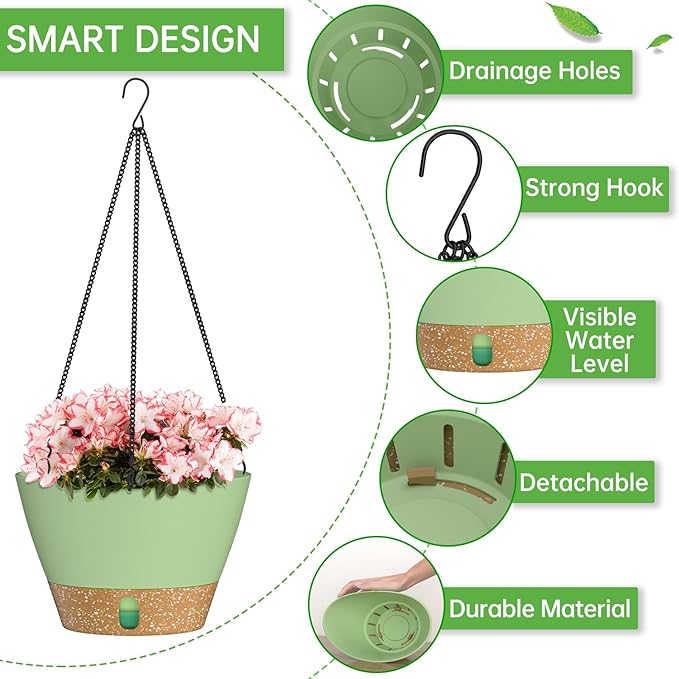 ZMTECH Hanging Planters for Indoor Plants Set of 2 Self Watering Hanging Pots Hanging Baskets Hanging Flower Pots for Outdoor Hanging Plants(10 Inch, Green)
