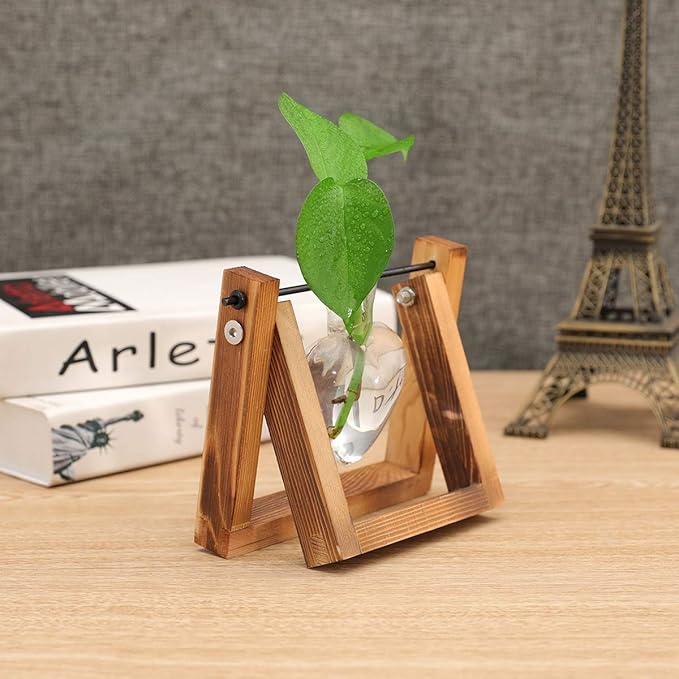 Kingbuy Terrarium with Wooden Stand, Desktop Propagation Station, Air Plant Holder, Metal Swivel Holder for Hydroponics, Home Garden, Wedding Decor - 1 Hearted Vase
