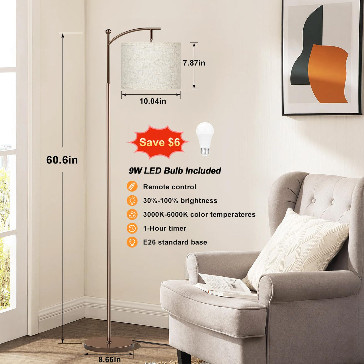 Ambimall 60" Floor Lamp with Remote and Stepless Dimmable Bulb, Brown Pole