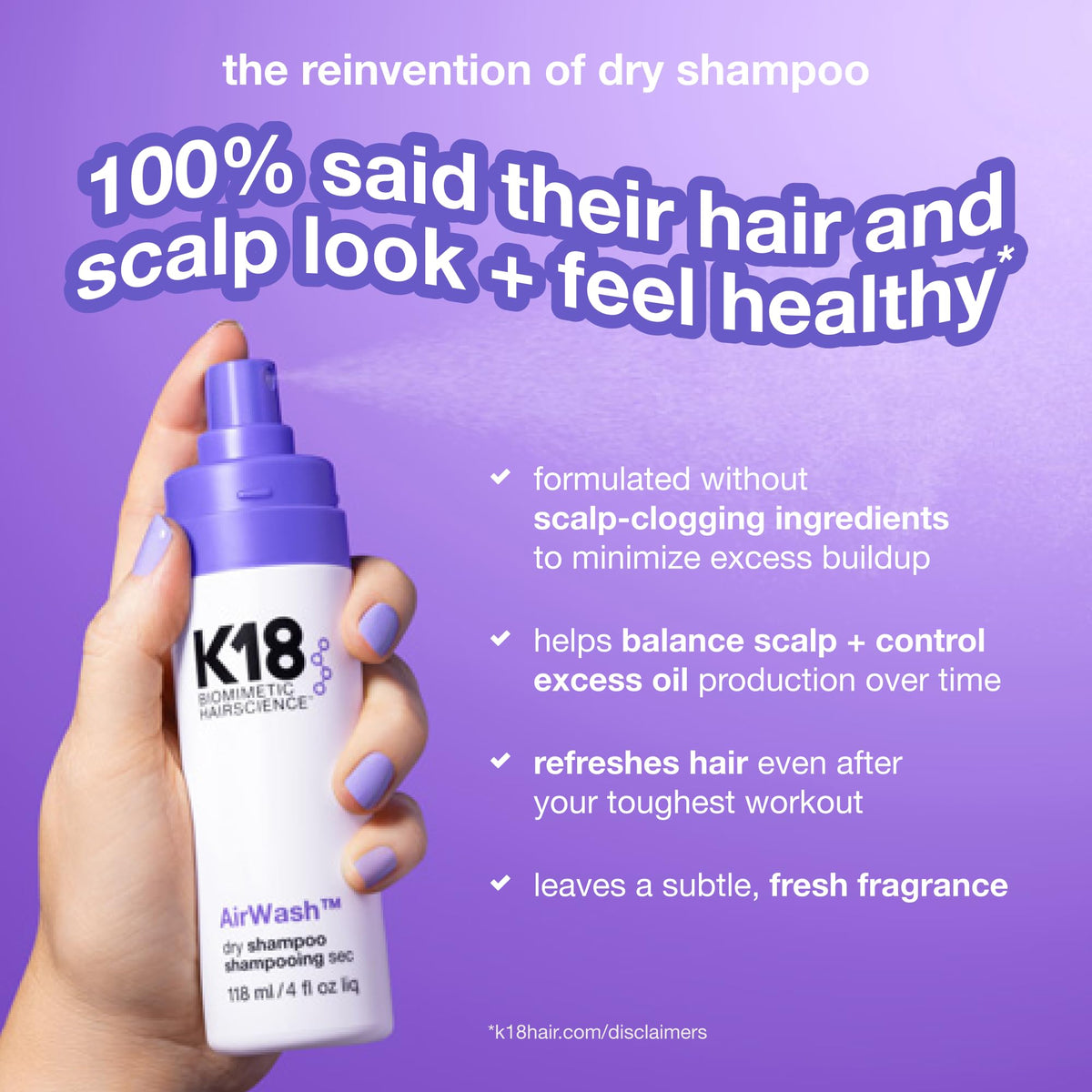 K18 AirWash Travel Non Aerosol Dry Shampoo Spray, 1.6 Fl Oz