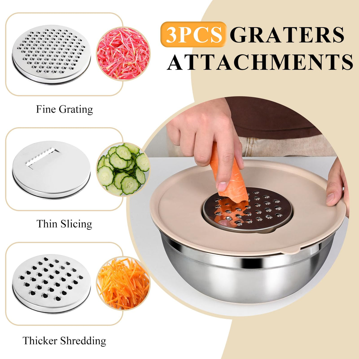 Mixing Bowls with Airtight Lids Set, Non-Slip Silicone Bottoms, Khaki