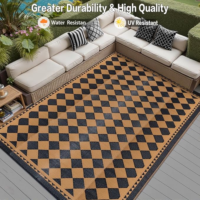 Outdoor Waterproof Rug 8'x10' Plastic Straw Rugs Washable Reversible Floor Mat Brown Plaid Carpet for Camping RV Deck Entryance Porch Picnic Balcony Beach Backyard