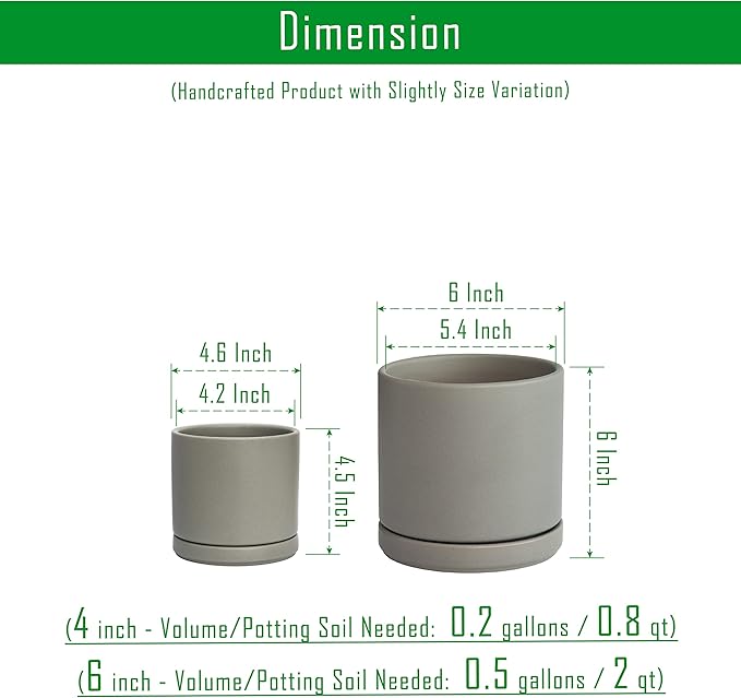 D'vine Dev 4.6 Inch & 6 Inch Ceramic Planter Pots for Plants with Drainage Hole and Saucer, Small Plant Pots Set, Speckled Grey, 94-G-S-3