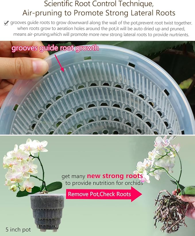 5 inch Orchid Pots with Holes for Repotting with Excellent Airflow, Set of 3, Double Layer Plastic Imitate Ceramic Orchid Planter, Clear Orchid Pot Match Decorative Orchid Container