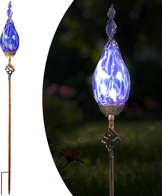 Solar Garden Lights, Decorative LED Flame Garden Stakes, Hand Blown Glass and Outdoor Waterproof Glass Stakes (Dark Blue)