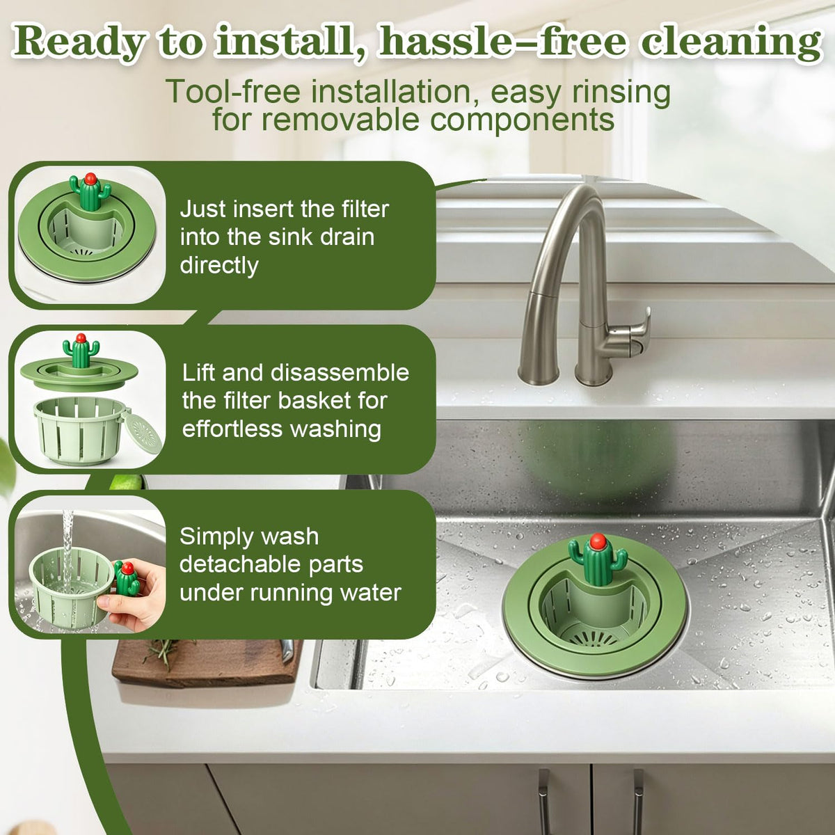 4Pcs Cactus Kitchen Sink Drain Strainer,2026 Upgrade Press to Dump Basket Waste Collector,Multifunctional Kitchen Sink Drain Strainer Fun Sink Accessory for Home Bathroom (Green+Yellow)