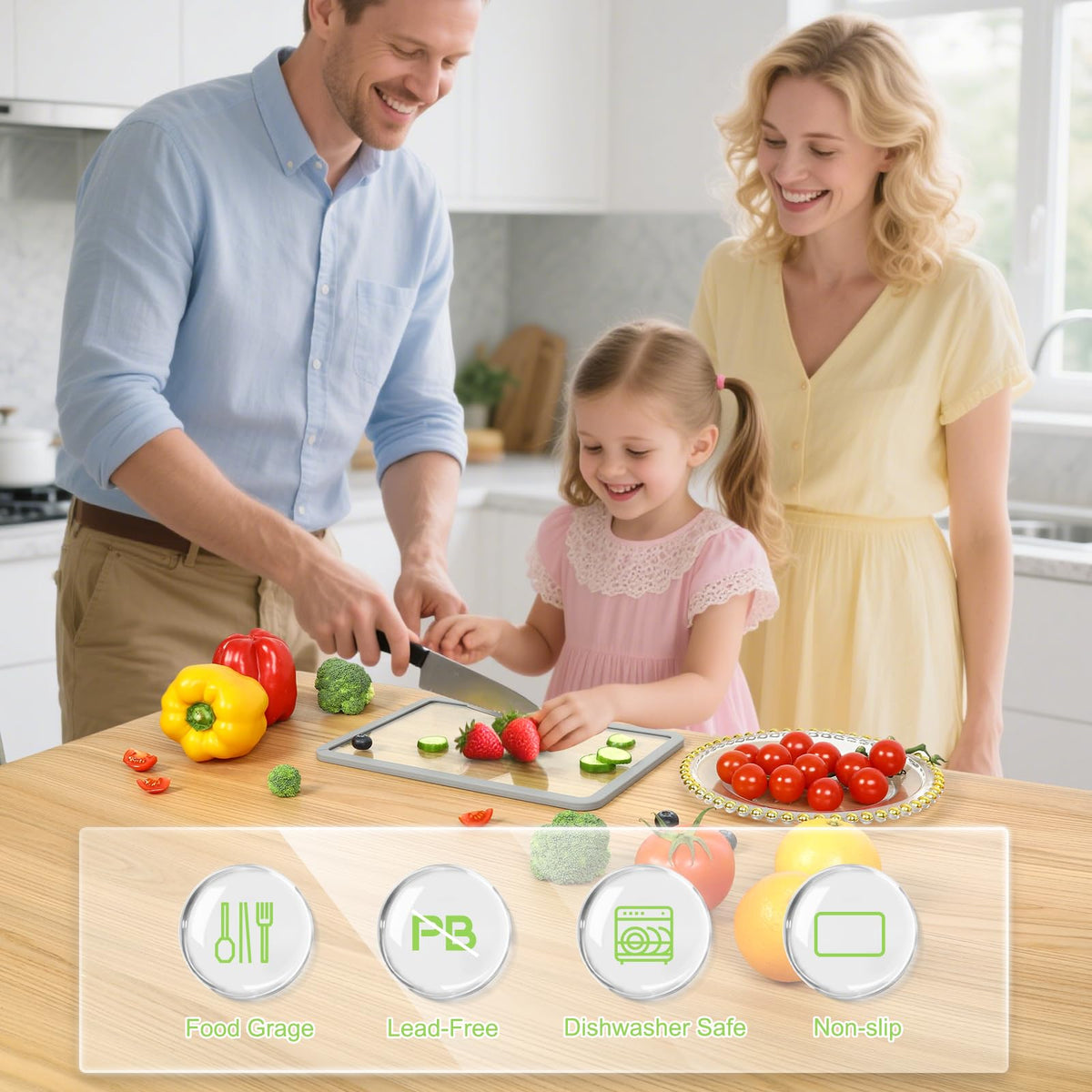 IDekooror Glass Cutting Board (8"x12" & 16"x12"), 2Pcs Tempered Glass Cutting Board for Kitchen Counter with Non-Slip Silicone Edges, Heat Resistant, Dishwasher Safe, Kitchen Decoration