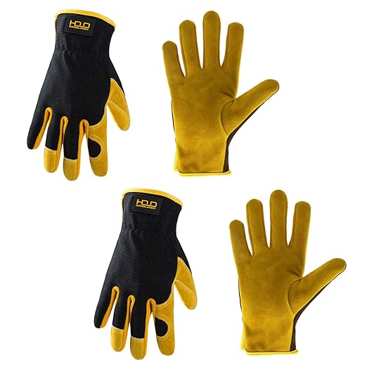 HLDD HANDLANDY 2 Pairs Leather Gardening Gloves for Men, Utility Work Gloves for Gardening, Yardwork, Construction, Mechanics, Great Garden Gifts for Men Women