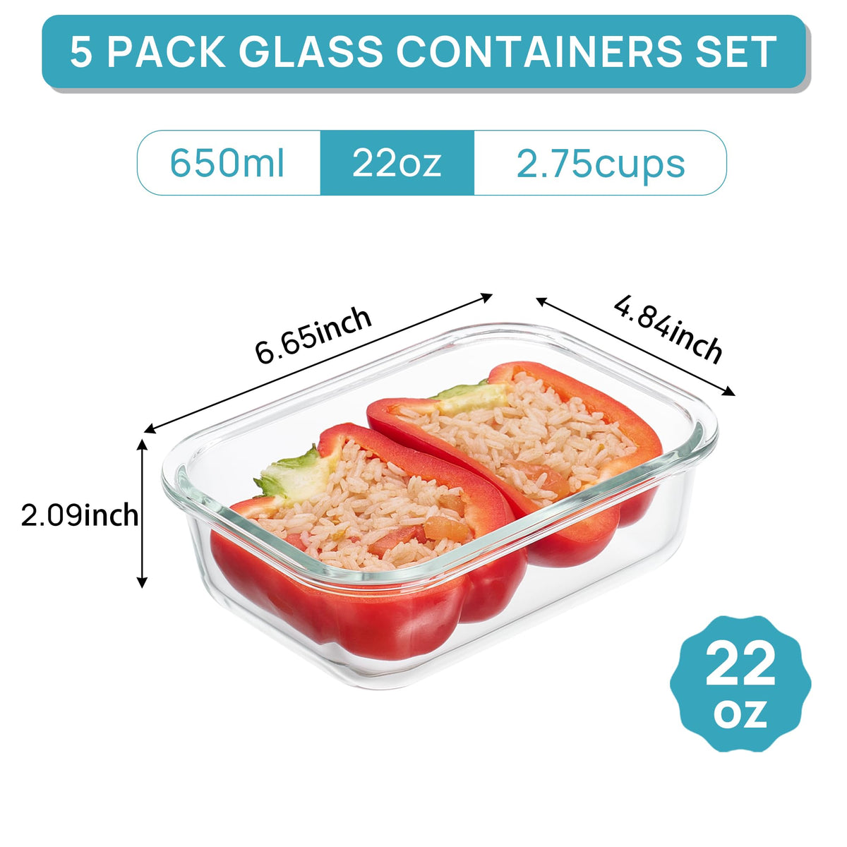 Vtopmart 5Pack 22oz Glass Storage Containers with Lids, Grey
