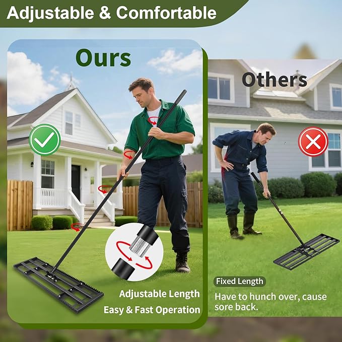 Lawn Leveling Rake-17"x10" Heavy Duty Leveler Reinforced Landscape Tool, Steel Golf Rake with Serrated Edge & Smooth Plate for Level Soil Compost Sand Grass Dirt Yard Garden 6.5FT Adjustable Handle