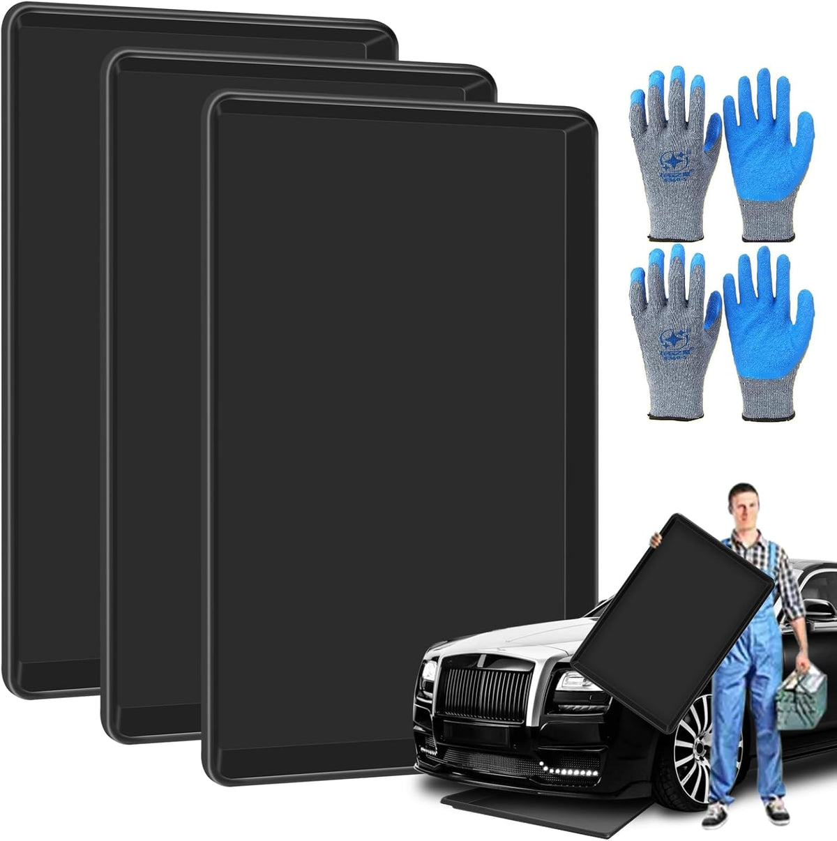 3 Pcs Extra Large Oil Drip Pan for Under Car - 35.4 x 24 x1.6 Inches, Hard Plastic Auto Oil Drip Tray, Oil Catch Pan Replacement Tray to Keep Garage Floor Show Room Driveway Safe and Clean