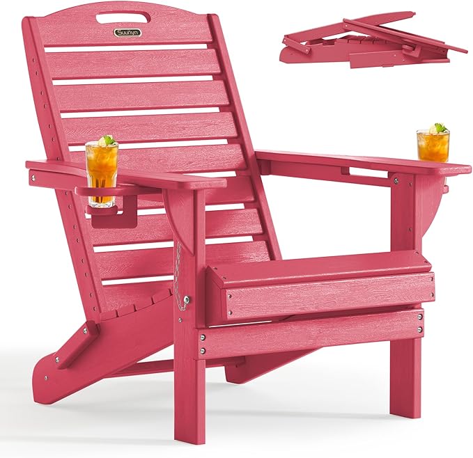 Folding Adirondack Chair HDPE All-Weather Adirondack Chairs with Cup Holder, Outdoor Fire Pit Chairs Lawn Chair for Deck Patio Garden (Red)