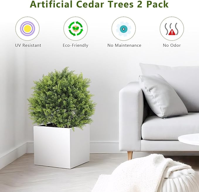 THE BLOOM TIMES 2ft Artificial Topiary Ball Trees Outdoor Set of 2, 24" Tall Faux Cedar Plants Outside UV Resistant Greenery Fake Evergreen Potted Bushes and Shrubs for Front Porch Patio Planter Decor