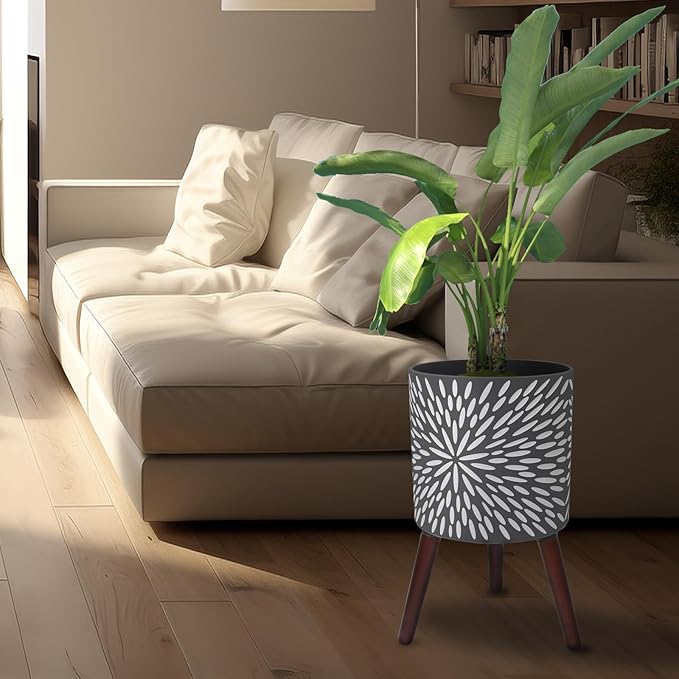 12 Inches Plant Pot with Stand, Large Modern Standing Planters for Indoor Plants with Drainage Holes, Gray Flower Pots with Legs