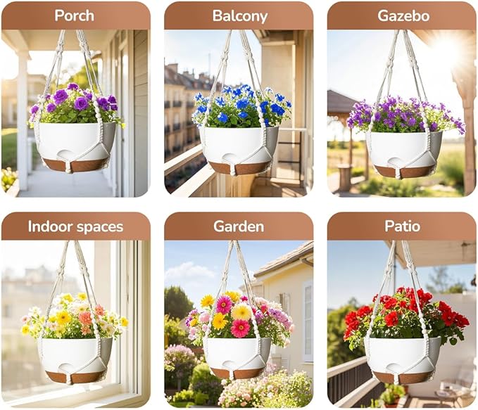 12 Inch Hanging Baskets for Plants Outdoor, Hanging Planters for Indoor Outdoor Plants, Hanging Planter with Self Watering, Hanging Flower Pots (White Planter with Macrame + Iron Hangers)