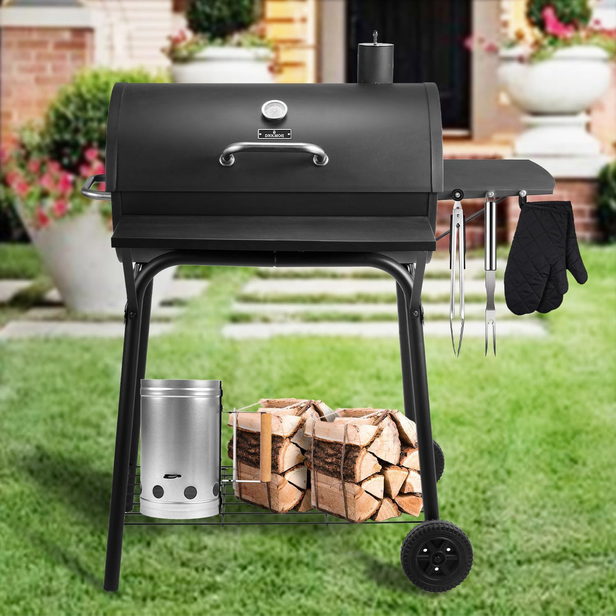 Charcoal Grills Outdoor BBQ Grill 30INCH Barrel Charcoal Grill with Side Table, 627 Square Inches, Outdoor Backyard Camping Picnics, Patio and Parties, Black by DNKMOR