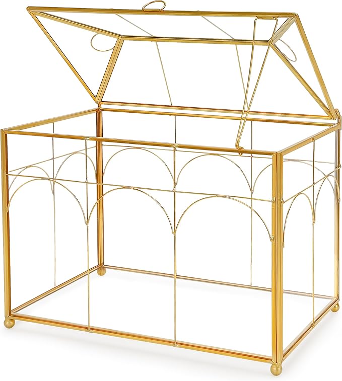 Handmade Glass Planter Terrarium with Lid, Indoor Tabletop Centerpiece Display Box Modern Decor DIY Gift Plant Terrarium Container for Succulent Cacti Air Plants Flower (Gold)