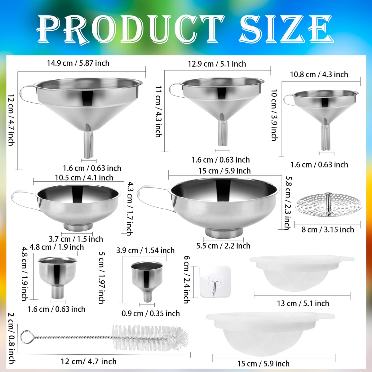 20 Pcs Canning Funnels Stainless Steel Wide and Narrow Mouth Strainer for Regular Mason Jar Filling Kitchen Use with Mesh Filter Brush Hook Metal Food Funnel Supplies Kit