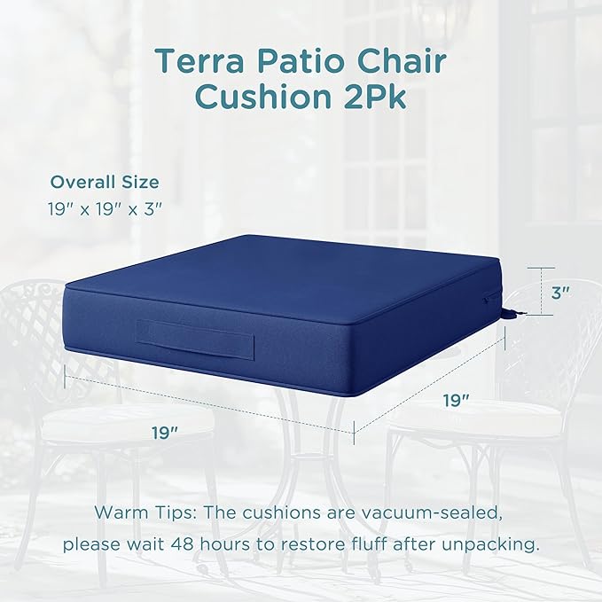 Codi Outdoor Chair Cushions Set of 2 19x19 Inch, Waterproof Seat Cushion for Patio Furniture with Handles & Adjustable Straps, Fade Resistant - Navy Blue