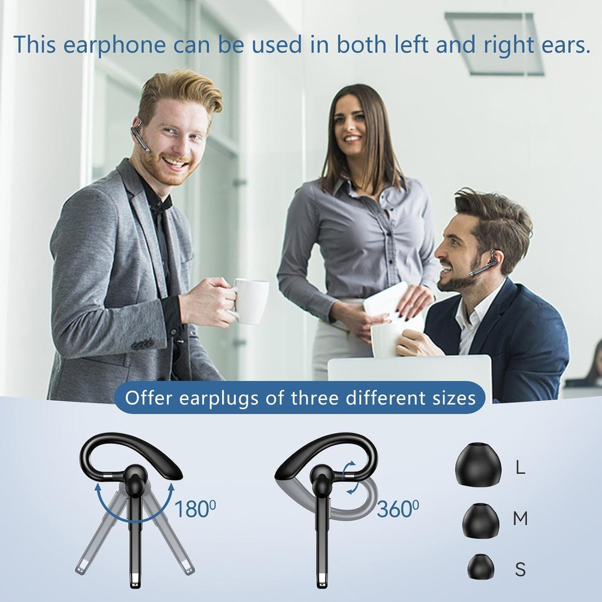 Bluetooth Headset, Wireless Bluetooth Earpiece with mic Trucker Headset for Phone Case Office Phones Built-in Microphone Headphones Manos Libres Noise Cancelling(Black+Silver)