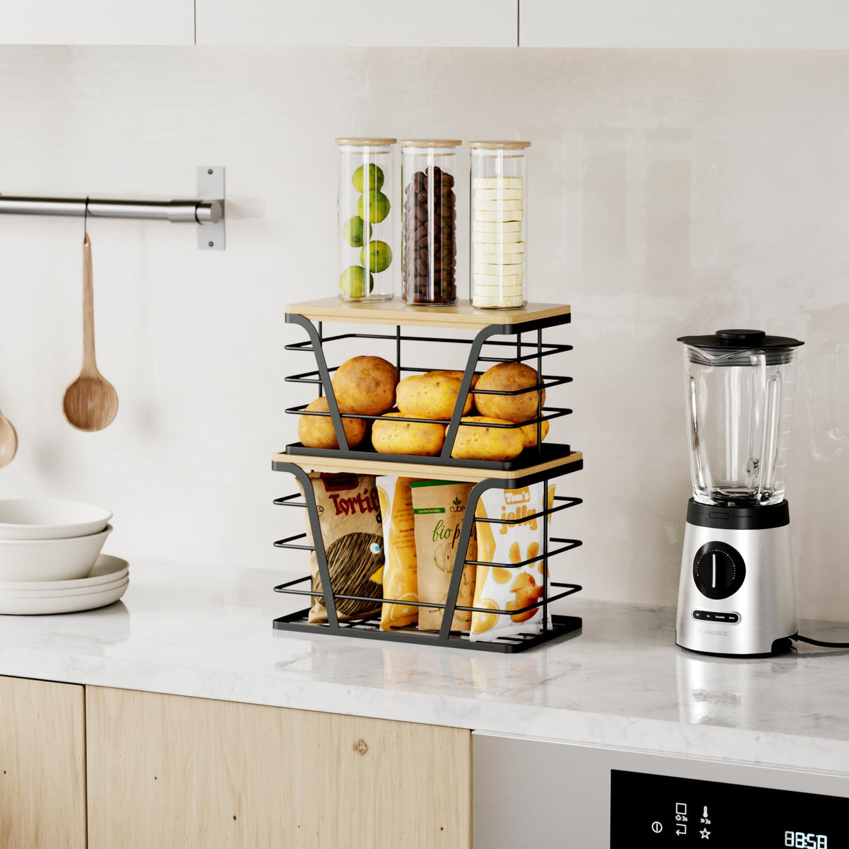 TIDIIABODE 2 Pack Stackable Storage Laundry Kitchen Organizers, Wall Mount Trash Bag Holder with Bamboo Top and Garbage Bag Dispenser No Drill