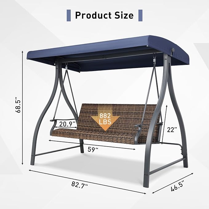 BPS 3 Seat Outdoor Porch Swing with Adjustable Canopy, PE Wicker Patio Swing Chair with Quick-Drying Foam Seat, 882 LBS Capacity, Proch Swings for Deck, Backyard, and Lawn, Dark Blue