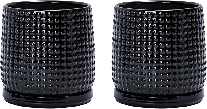 D'vine Dev Set of 2 Ceramic Plants Pots, 6 Inch Beaded Stoneware Flower Pot for Plants with Drainage Hole and Saucer, Glossy Black, 27-E-X-2