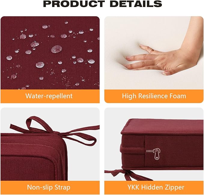 Sunbrella Square Corner Seat Cushions, 19" x 19" x 3", Set of 4, Indoor Outdoor Water Repellent Universal Chair Pads with Ties for Patio Furniture, Garden Dining Chairs, Spectrum Ruby