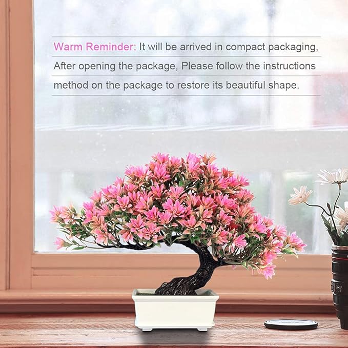 Fake Plants Plastic Artificial Bonsai Tree, Pink Room Decor Bonsai Tree for Home Bedroom Farmhouse Office Desk Decor, Tall 9.5"