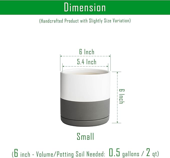 D'vine Dev Set of 2 Plants Pots, 6 Inch Ceramic Planter Pot for Plants with Drainage Hole and Saucer, White-Grey/Black-Tan, 94-V-C-C