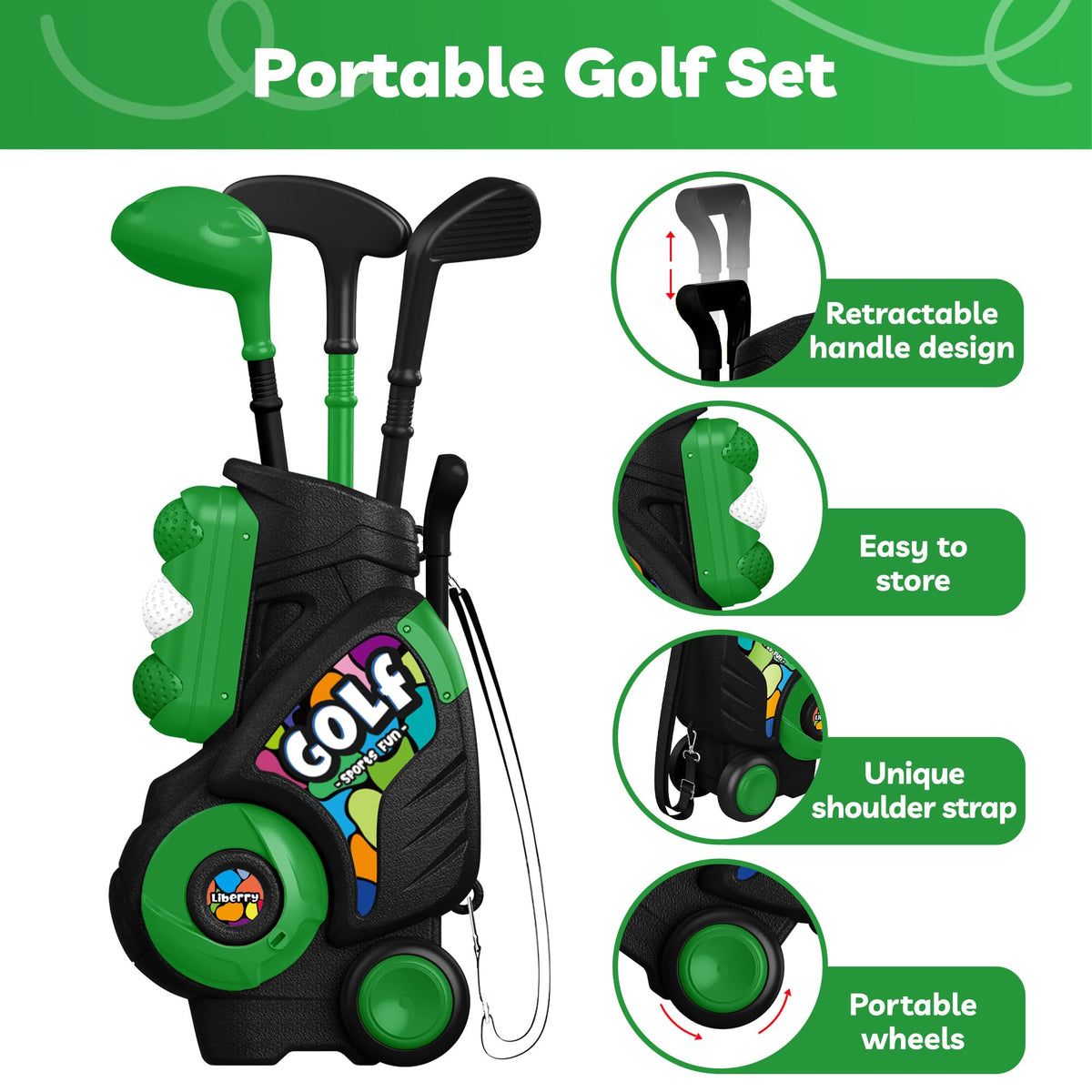 Liberry Toddler Golf Clubs Set Toy for Kids 1 2 3 4 Years Old, Green