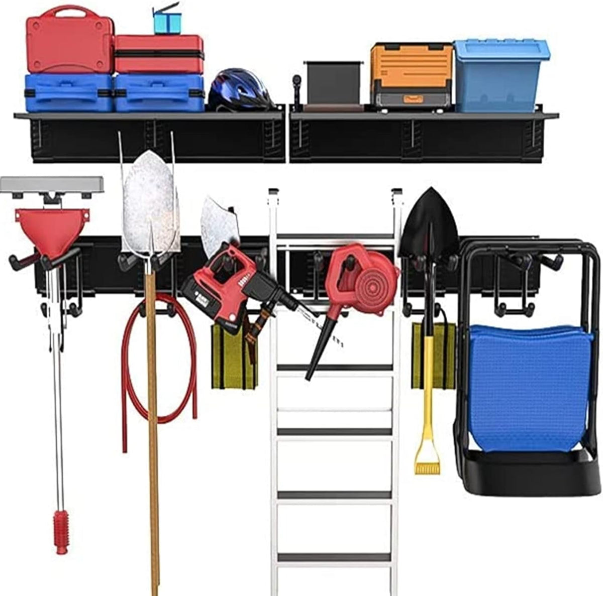 TORACK Garage Storage Organizer Systems, Wall Mount Overhead shelving, 48 inch Heavy Duty Steel Tool Racks, 6-Pack 12'' Double Hooks, 48 inch by 7 inch Floating Shelves, up to 1200Ibs