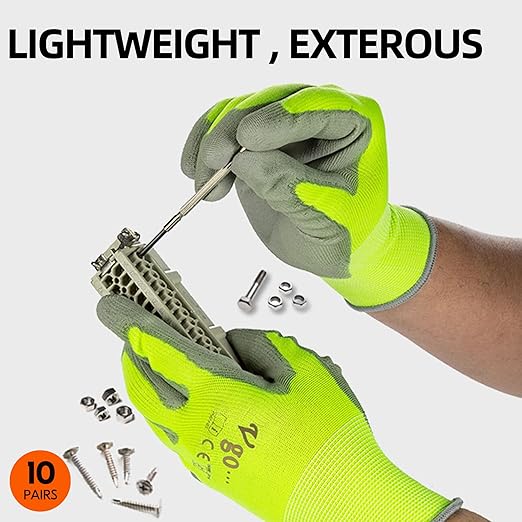 Vgo... 10-Pairs Safety Work Gloves, Gardening Gloves, Polyurethane Coated, Dipping Gloves, Latex Free (Size S, Yellow, PU2103)